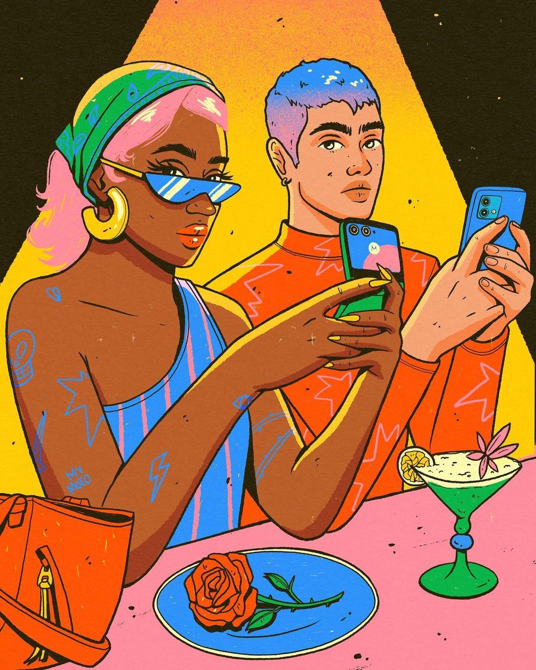 Illustration von zwei Personen, die auf ihre Smartphones schauen, während sie bei einem Date sitzen. Symbolisiert, wie Dating-Apps emotionale Distanz und Depression fördern können und wie KI dabei helfen soll.